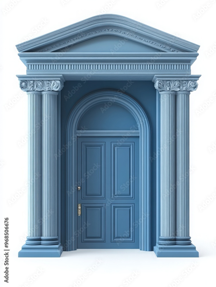 Fototapeta premium Elegant blue door framed by classic columns, showcasing architectural beauty and inviting interior exploration.