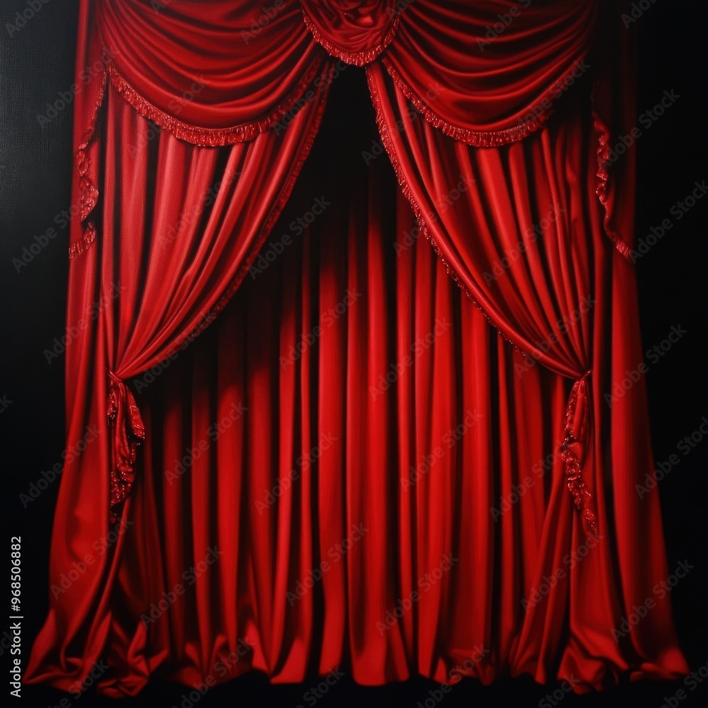 Fototapeta premium Elegant red velvet theater curtain with intricate details, perfect for conveying drama and glamour in stage imagery.