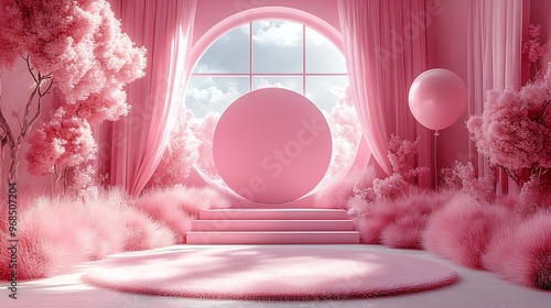 A pink room with a round window, pink trees, a pink podium, a pink rug, and a pink balloon.