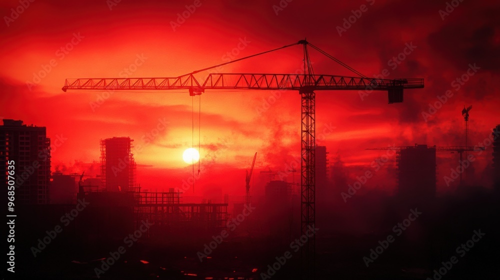 Silhouette of a construction crane against a vivid red sunset, symbolizing progress and transformation in urban environments. Silhouette of a construction crane against a vivid red sunset, symbolizing progress and transformation in urban environments.