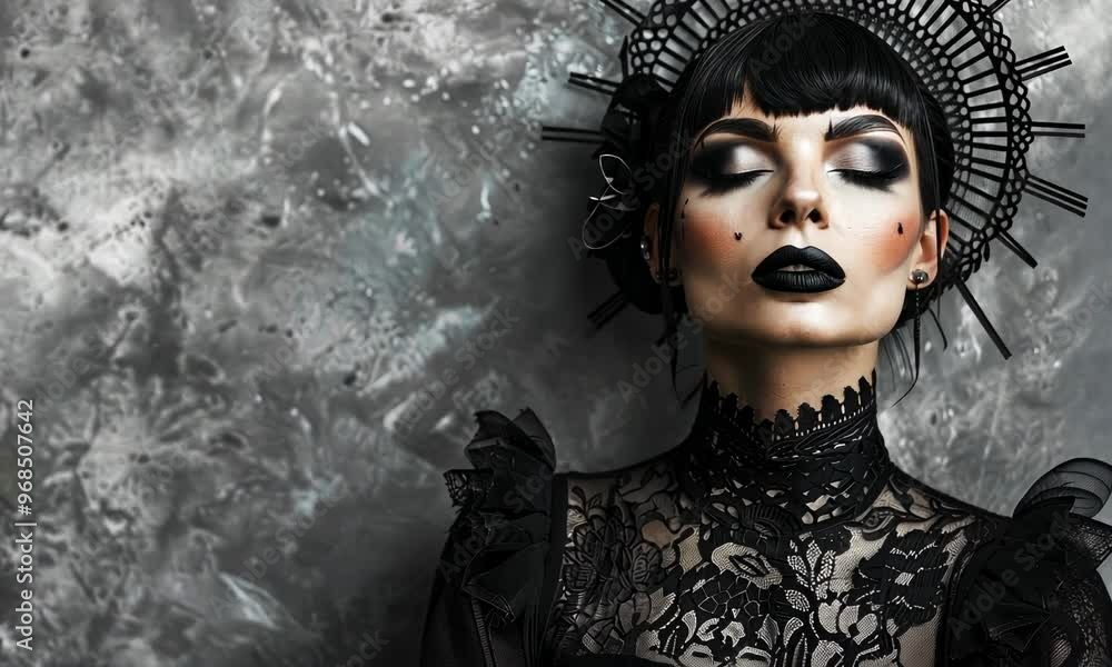 Woman with gothic makeup and attire against textured backdrop