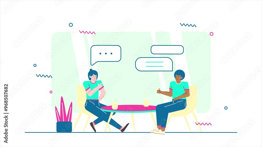 Illustration of two people engaging in a friendly conversation with speech bubbles in a modern setting Illustration of two people engaging in a friendly conversation with speech bubbles in a modern setting