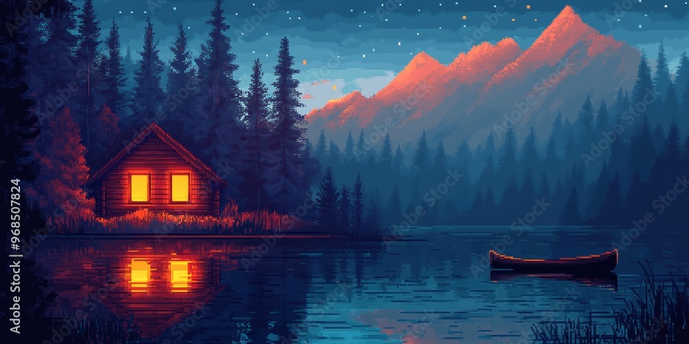 Fototapeta premium Tranquil Cabin by the Lake under Starry Night with Mountain View