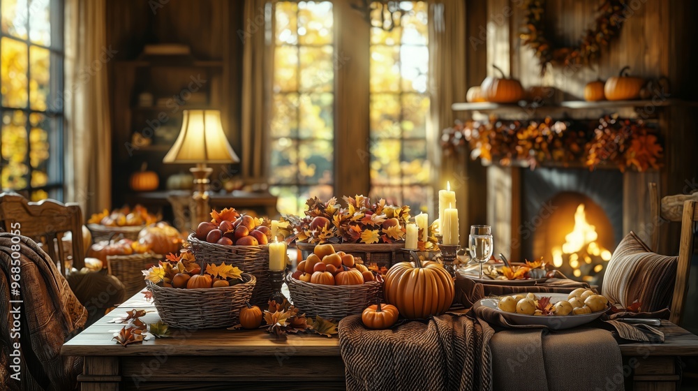 Rustic Thanksgiving dining room with a harvest feast set on the table Rustic Thanksgiving dining room with a harvest feast set on the table