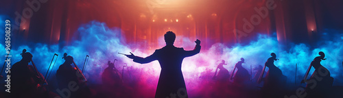Orchestra conductor leading a performance under dramatic lighting with colorful smoke effects, creating a mesmerizing and captivating scene.