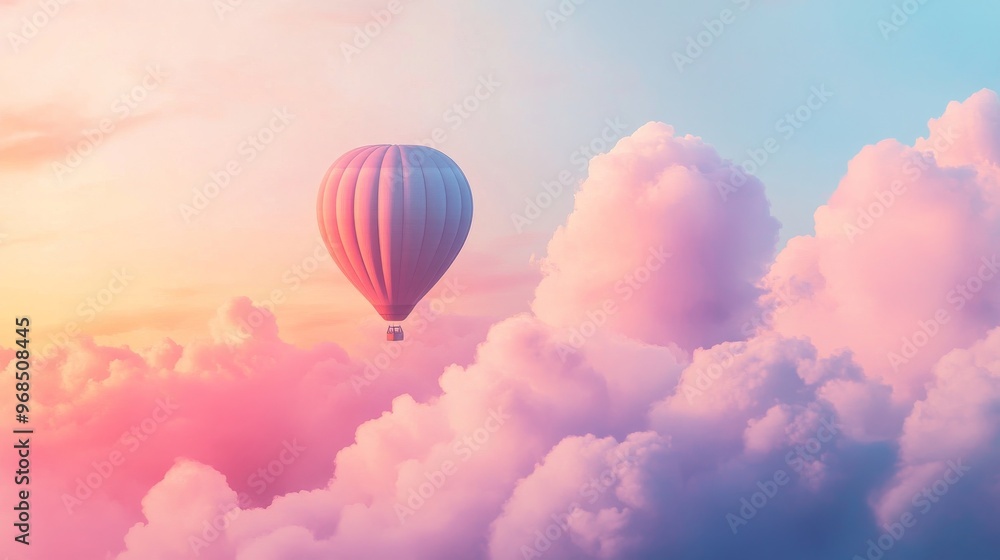 Hot air balloon floating among pastel clouds Hot air balloon floating among pastel clouds