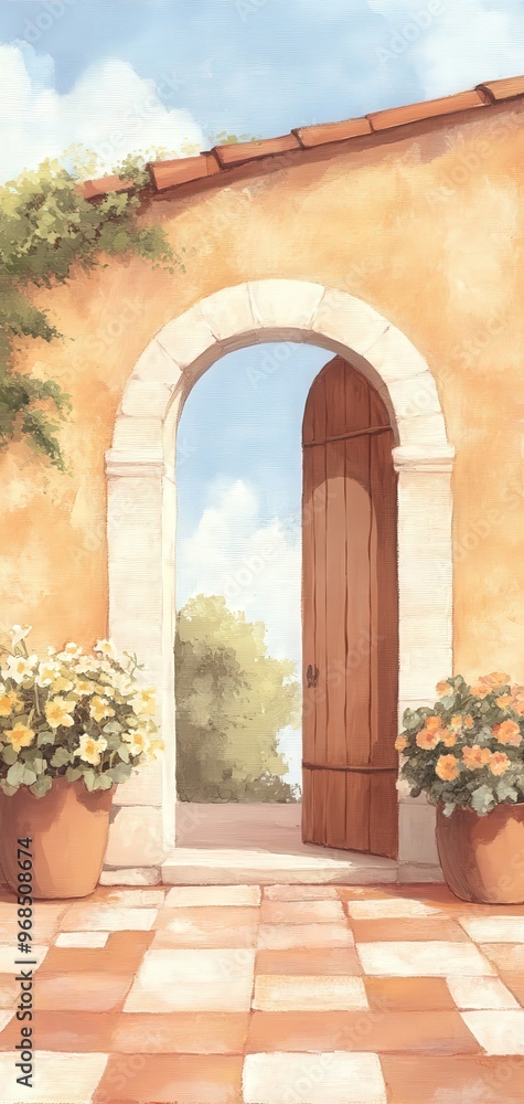Fototapeta premium A charming open door with beautiful flowers, inviting a serene outdoor view under a clear blue sky.
