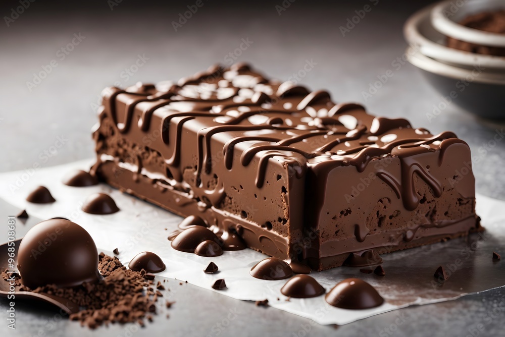 Chocolate bar on chocolate cream.Melting chocolate.
Chocolate bar on chocolate cream.Melting chocolate.