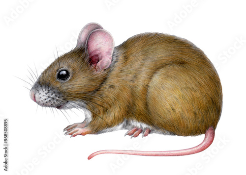 Cute little mouse vintage style illustration. Hand drawn close-up small rodent isolated on white background. Small realistic mousy wild and domestic animal with cute ears and long tail