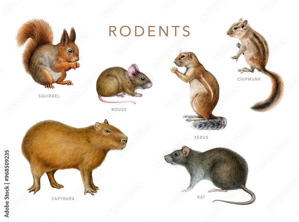 Different rodent animals painted set. Hand drawn various rodents vintage style realistic illustration. Hand drawn mouse, rat, squirrel, chipmunk, capybara isolated on white background Different rodent animals painted set. Hand drawn various rodents vintage style realistic illustration. Hand drawn mouse, rat, squirrel, chipmunk, capybara isolated on white background