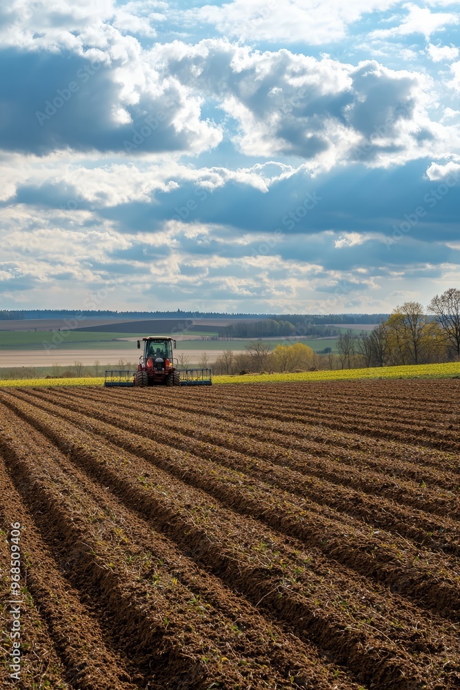 Fototapeta premium Female farmer sowing seeds in a field with a planting machine. The landscape shows prepared soil and farming equipment