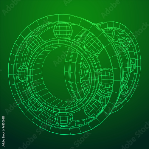 Roller bearing. Circular round rotating bearings used in industry for heavy equipment mechanical work and engineering. Wireframe low poly mesh vector illustration.