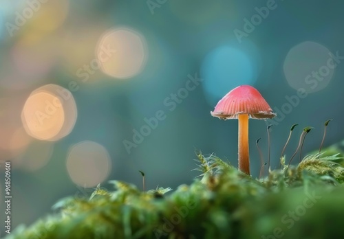 A small pink mushroom is sitting on top of a mossy hill. AI. photo