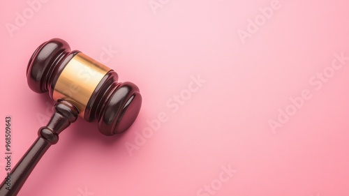 A stylish gavel rests on a pink background, symbolizing justice and legal authority in modern aesthetics.