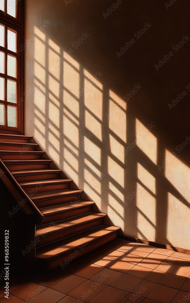 A peaceful interior scene showcasing shadows cast by stairs and windows, creating a warm, inviting atmosphere. A peaceful interior scene showcasing shadows cast by stairs and windows, creating a warm, inviting atmosphere.
