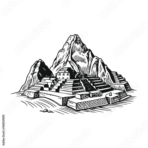 Machu Picchu Peru stencil vector hand drawn illustration