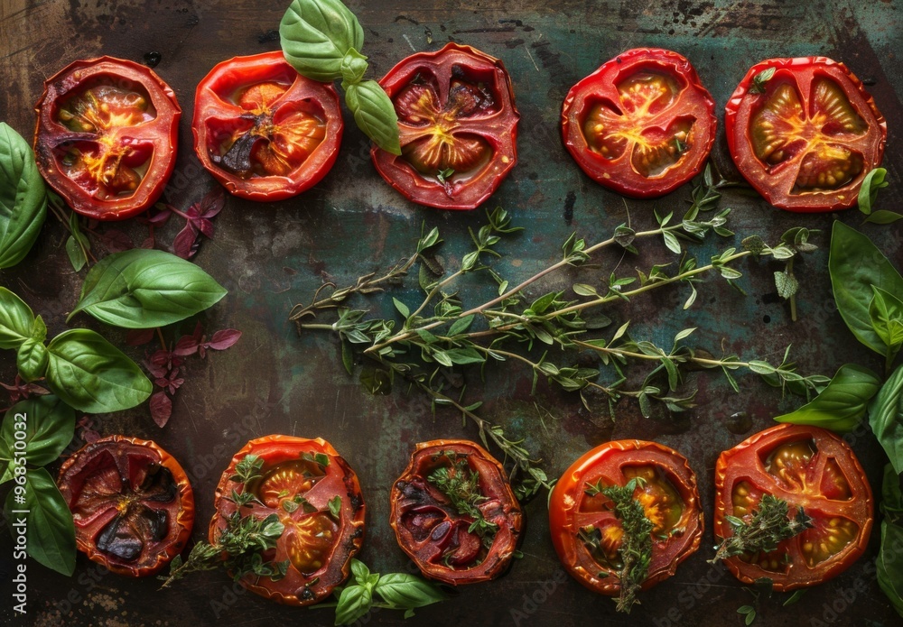 Fototapeta premium Tomatoes with herbs on a metal surface. AI.