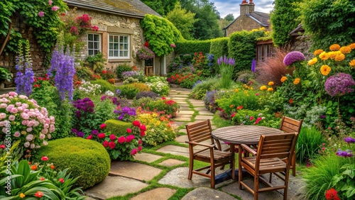 escape, blooming flowers, serene, An inviting English cottage garden with a small patio featuring a charming mix of colorful flowers lush greenery stone pathways and a cozy seating area