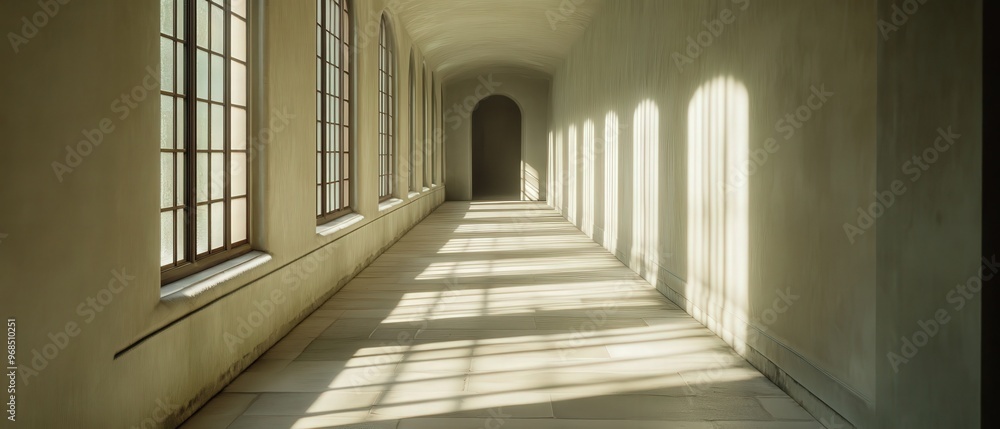 A serene corridor bathed in natural light, showcasing soft shadows and architectural elegance, perfect for tranquil settings. A serene corridor bathed in natural light, showcasing soft shadows and architectural elegance, perfect for tranquil settings.
