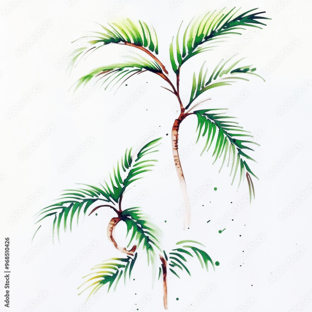 Lush green palm trees illustrated in vibrant watercolor style, showcasing their elegant fronds against clean white background. This artwork evokes sense of tropical paradise and tranquility Lush green palm trees illustrated in vibrant watercolor style, showcasing their elegant fronds against clean white background. This artwork evokes sense of tropical paradise and tranquility