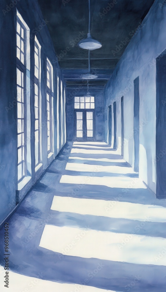 A serene hallway with natural light streaming through large windows, creating calming shadows on the floor. A serene hallway with natural light streaming through large windows, creating calming shadows on the floor.