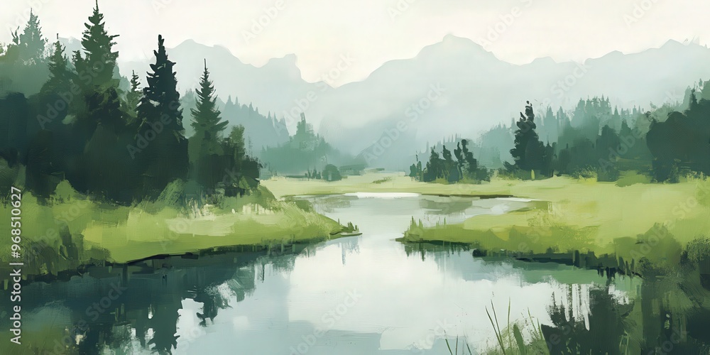 A serene landscape featuring a calm river, lush greenery, and misty mountains in the background, perfect for nature lovers. A serene landscape featuring a calm river, lush greenery, and misty mountains in the background, perfect for nature lovers.