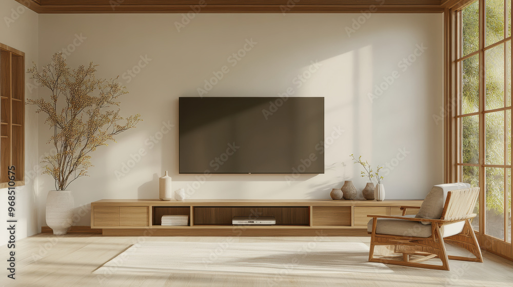 Elegant Japandi style TV wall with wooden cabinet, cozy chair, and decorative plants. natural light enhances serene atmosphere, creating perfect living space Elegant Japandi style TV wall with wooden cabinet, cozy chair, and decorative plants. natural light enhances serene atmosphere, creating perfect living space