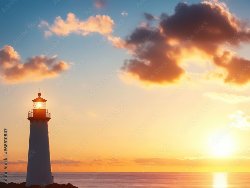 A serene lighthouse stands against a vibrant sunset, guiding ships with its light over calm waters. A serene lighthouse stands against a vibrant sunset, guiding ships with its light over calm waters.