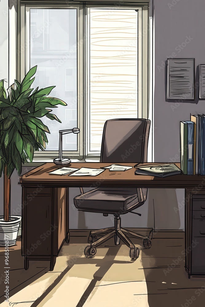 A serene office scene featuring a desk, chair, potted plant, and natural light streaming through the window, creating a productive atmosphere. A serene office scene featuring a desk, chair, potted plant, and natural light streaming through the window, creating a productive atmosphere.