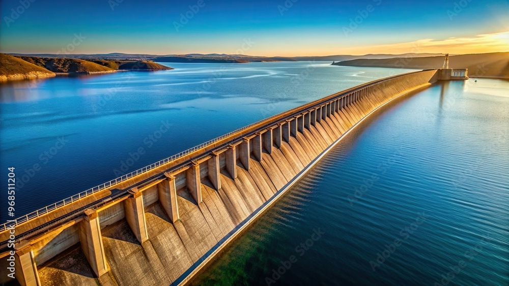 Obraz premium A long dam stretches across the sea during a breathtaking late afternoon under a clear blue sky, peaceful, sea, structure, breathtaking, serene, landscape,long dam, nature, outdoors
