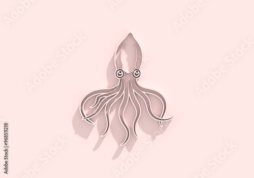 Squid with tentacles. Cartoon sea and ocean animal. Cute giant kraken monster of fantasy story, cartoon creepy underwater cuttlefish. Emblem for the menu of the seafood market or restaurant. 3D render