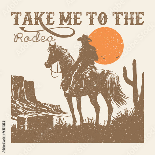 Vintage typography wild west texas rodeo western cowboy on horse illustration print with retro slogan text for graphic tee t shirt or poster - Vector, cowboy t shirt
