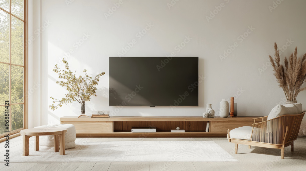 Elegant Japandi style TV wall with minimalist design, featuring natural wood elements and soft textures. serene atmosphere is enhanced by greenery outside Elegant Japandi style TV wall with minimalist design, featuring natural wood elements and soft textures. serene atmosphere is enhanced by greenery outside