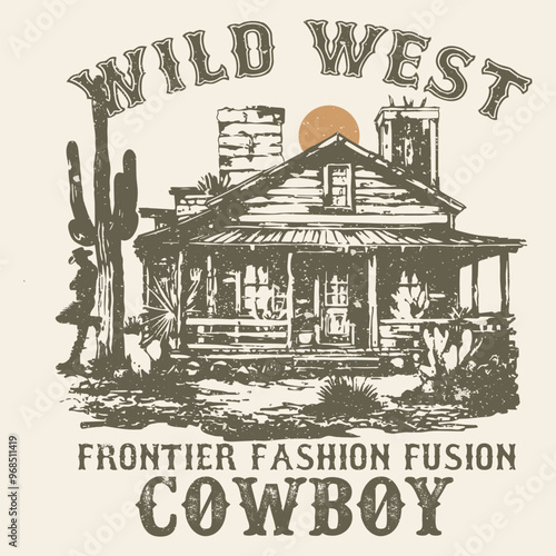 Vintage western wild west cowboys texas rodeo illustration print with retro typography slogan text for graphic tee t shirt sweatshirt hoodie and poster - Vector