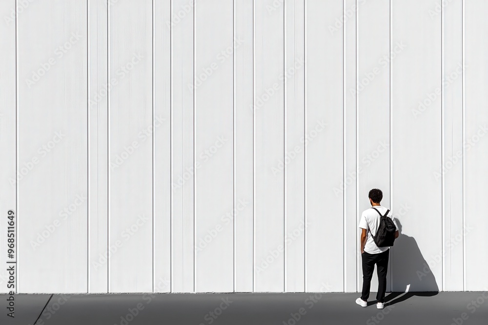 A solitary figure stands against a minimalist white wall, embodying themes of contemplation and simplicity in urban design. A solitary figure stands against a minimalist white wall, embodying themes of contemplation and simplicity in urban design.