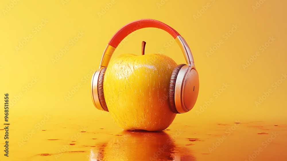 Fototapeta premium an apple using headphones on a yellow background