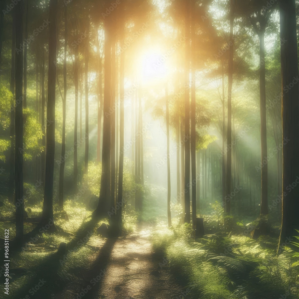 Fototapeta premium Blur background of sunlight filtering through trees in a lush forest.