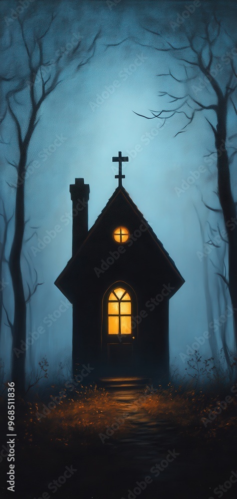 A spooky silhouette of a house in the woods, illuminated by a warm glow, creating an eerie yet inviting atmosphere. A spooky silhouette of a house in the woods, illuminated by a warm glow, creating an eerie yet inviting atmosphere.