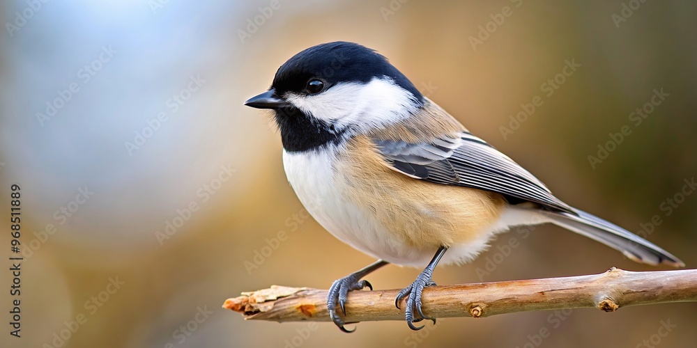 Fototapeta premium small size, A close up photo of a black capped chickadee perched on a branch characterized by its small size round body black cap white cheeks and vibrant white and soft brown plumage