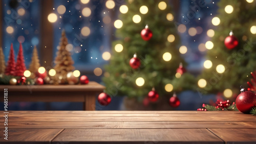 Christmas holiday background with empty wooden table