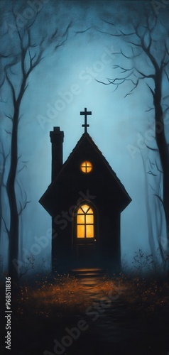 A spooky silhouette of a house in the woods, illuminated by a warm glow, creating an eerie yet inviting atmosphere.