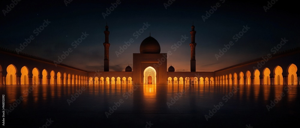 Fototapeta premium A stunning mosque illuminated at dusk, showcasing intricate architecture and a serene ambiance perfect for reflection.