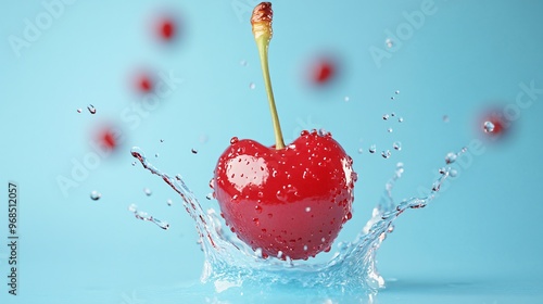 cherry with juice splash isolated on pastel blue background photo