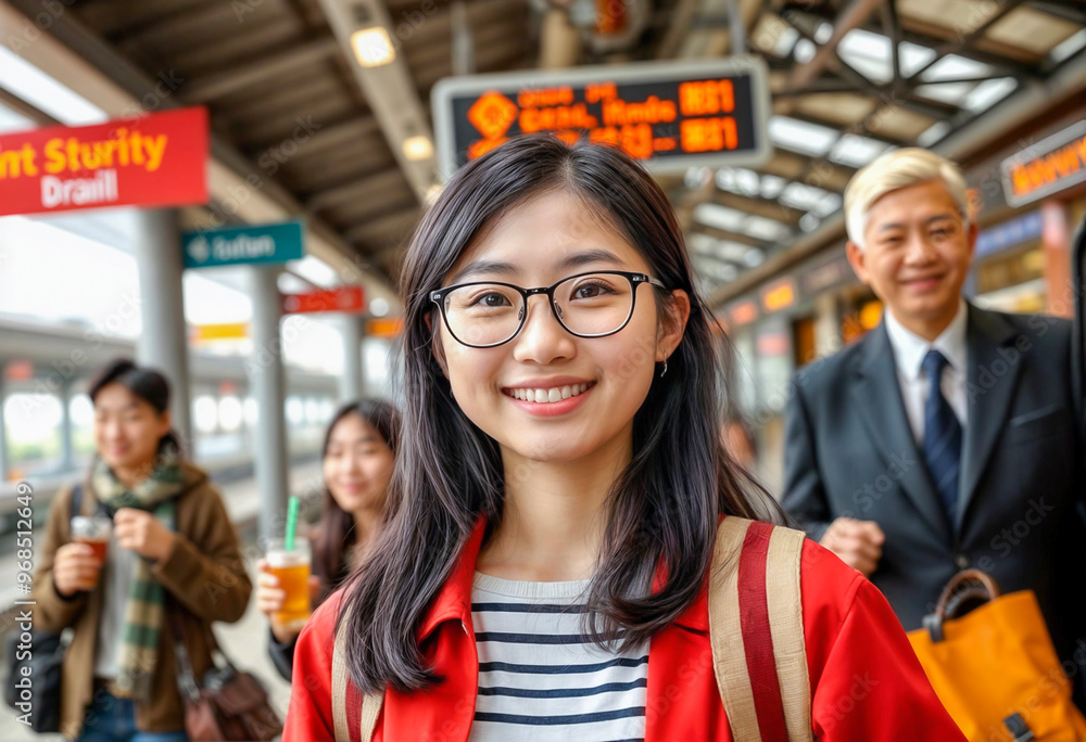 Traveler Waiting at a Busy Train Station Traveler Waiting at a Busy Train Station