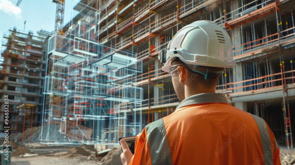 High tech augmented reality construction site with 3D blueprint overlays High tech augmented reality construction site with 3D blueprint overlays