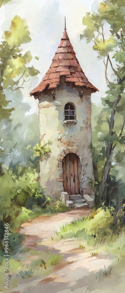 Fototapeta premium A whimsical tower nestled in a lush forest, surrounded by greenery and soft light, inviting imagination and adventure.