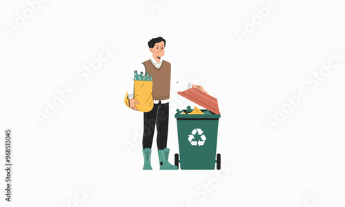 A person recycling bottles into a bin with a recycling symbol.