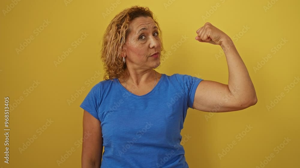 Strong middle age hispanic woman, confidently showing arm muscle and power while wearing blue t-shirt, standing proudly over isolated yellow background Strong middle age hispanic woman, confidently showing arm muscle and power while wearing blue t-shirt, standing proudly over isolated yellow background