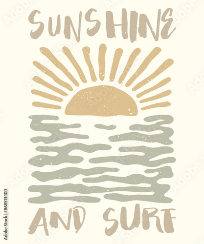 Sunshine with wave. Long beach summer time print design artwork. Beach Paradise Print t shirt graphics design, typography slogan on palm trees background. Summer beach vibes. California surfing club.