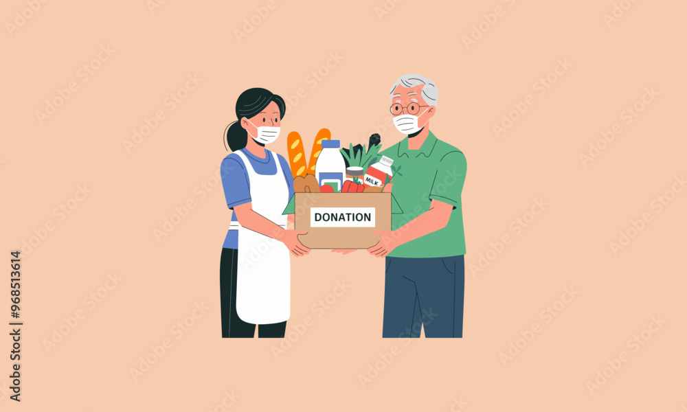 A volunteer handing a donation box to a masked elderly man. A volunteer handing a donation box to a masked elderly man.